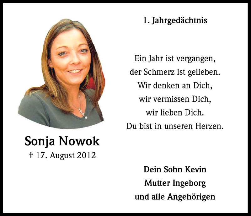  Traueranzeige für Sonja Nowok vom 17.08.2013 aus Kölner Stadt-Anzeiger / Kölnische Rundschau / Express