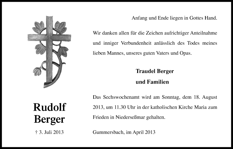  Traueranzeige für Rudolf Berger vom 15.08.2013 aus Kölner Stadt-Anzeiger / Kölnische Rundschau / Express