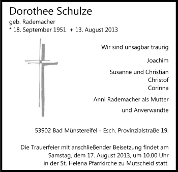 Anzeige von Dorothea Schulze von Kölner Stadt-Anzeiger / Kölnische Rundschau / Express