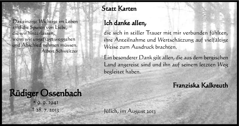  Traueranzeige für Rüdiger Ossenbach vom 31.08.2013 aus Kölner Stadt-Anzeiger / Kölnische Rundschau / Express