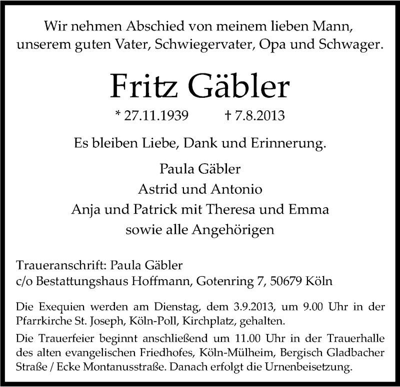  Traueranzeige für Fritz Gäbler vom 31.08.2013 aus Kölner Stadt-Anzeiger / Kölnische Rundschau / Express