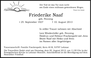 Anzeige von Friederike Naaf von Kölner Stadt-Anzeiger / Kölnische Rundschau / Express