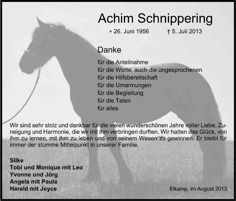  Traueranzeige für Achim Schnippering vom 17.08.2013 aus Kölner Stadt-Anzeiger / Kölnische Rundschau / Express