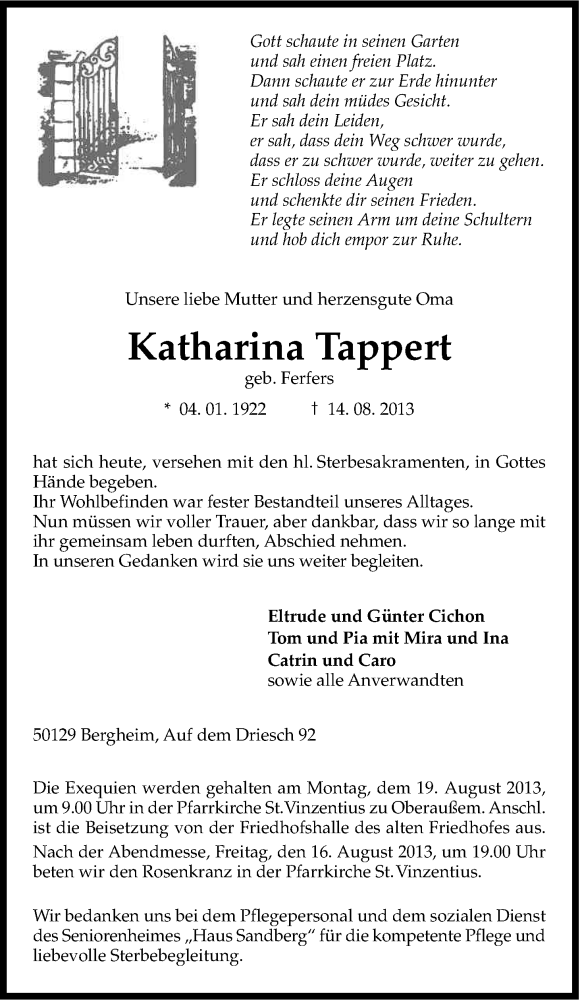  Traueranzeige für Katharina Tappert vom 16.08.2013 aus Kölner Stadt-Anzeiger / Kölnische Rundschau / Express