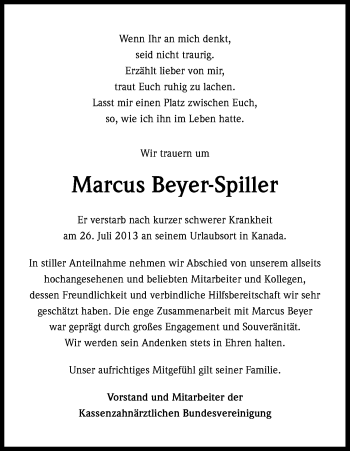 Anzeige von Marcus Beyer-Spiller von Kölner Stadt-Anzeiger / Kölnische Rundschau / Express