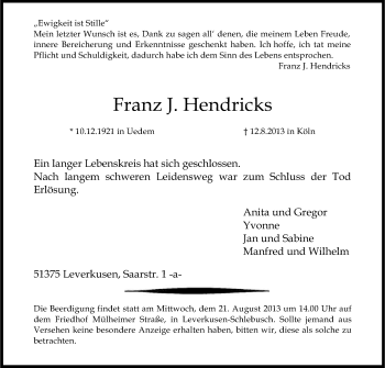 Anzeige von Franz Hendricks von Kölner Stadt-Anzeiger / Kölnische Rundschau / Express