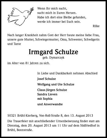Anzeige von Irmgard Schulze von Kölner Stadt-Anzeiger / Kölnische Rundschau / Express