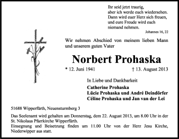 Anzeige von Norbert Prohaska von Kölner Stadt-Anzeiger / Kölnische Rundschau / Express