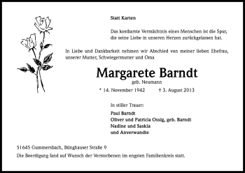 Anzeige von Margarete Barndt von Kölner Stadt-Anzeiger / Kölnische Rundschau / Express