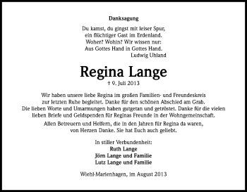 Anzeige von Regina Lange von Kölner Stadt-Anzeiger / Kölnische Rundschau / Express