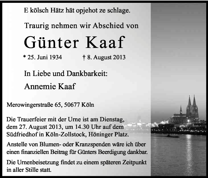  Traueranzeige für Günter Kaaf vom 17.08.2013 aus Kölner Stadt-Anzeiger / Kölnische Rundschau / Express