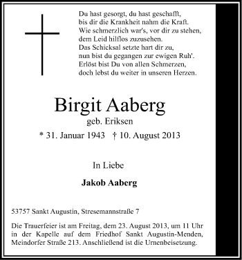 Anzeige von Birgit Aaberg von Kölner Stadt-Anzeiger / Kölnische Rundschau / Express