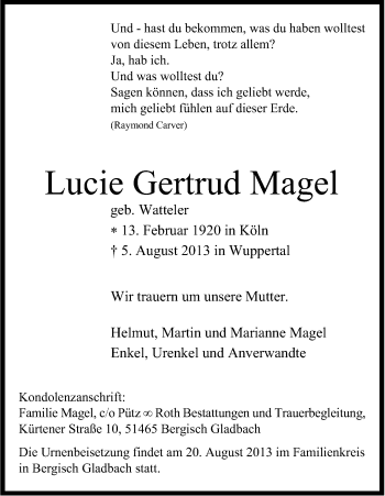 Anzeige von Lucie Gertrud Magel von Kölner Stadt-Anzeiger / Kölnische Rundschau / Express