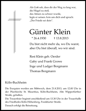 Anzeige von Günter Klein von Kölner Stadt-Anzeiger / Kölnische Rundschau / Express