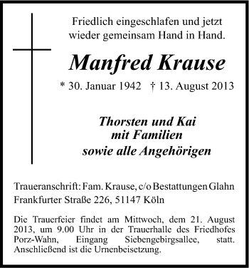 Anzeige von Manfred Krause von Kölner Stadt-Anzeiger / Kölnische Rundschau / Express