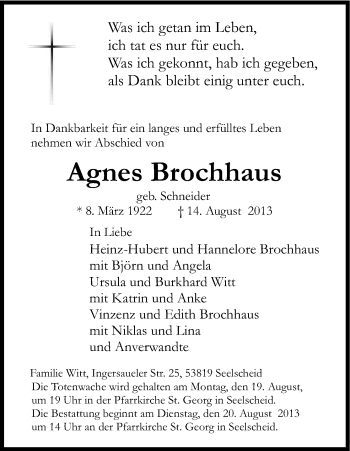 Anzeige von Agnes Brochhaus von Kölner Stadt-Anzeiger / Kölnische Rundschau / Express