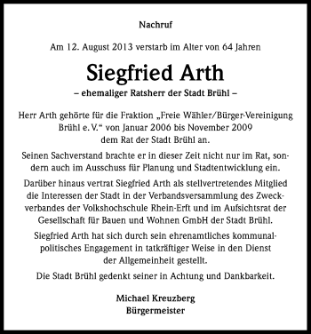 Anzeige von Siegfried Arth von Kölner Stadt-Anzeiger / Kölnische Rundschau / Express