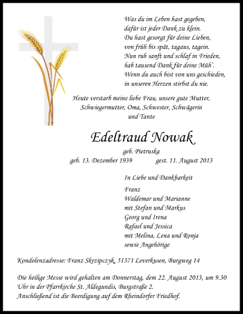 Anzeige von Edeltraud Nowak von Kölner Stadt-Anzeiger / Kölnische Rundschau / Express