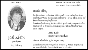 Anzeige von Josi Klein von Kölner Stadt-Anzeiger / Kölnische Rundschau / Express