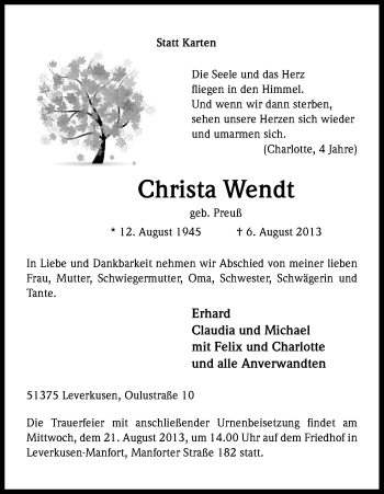 Anzeige von Christa Wendt von Kölner Stadt-Anzeiger / Kölnische Rundschau / Express