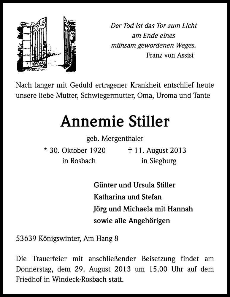  Traueranzeige für Annemie Stiller vom 17.08.2013 aus Kölner Stadt-Anzeiger / Kölnische Rundschau / Express
