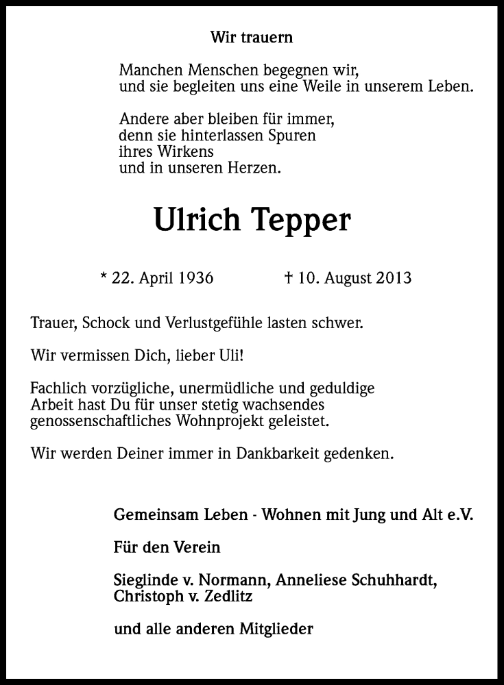  Traueranzeige für Ulrich Tepper vom 16.08.2013 aus Kölner Stadt-Anzeiger / Kölnische Rundschau / Express