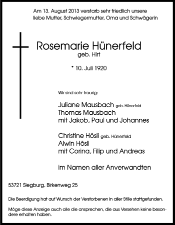 Anzeige von Rosemarie Hünerfeld von Kölner Stadt-Anzeiger / Kölnische Rundschau / Express