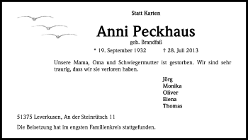 Anzeige von Anni Peckhaus von Kölner Stadt-Anzeiger / Kölnische Rundschau / Express