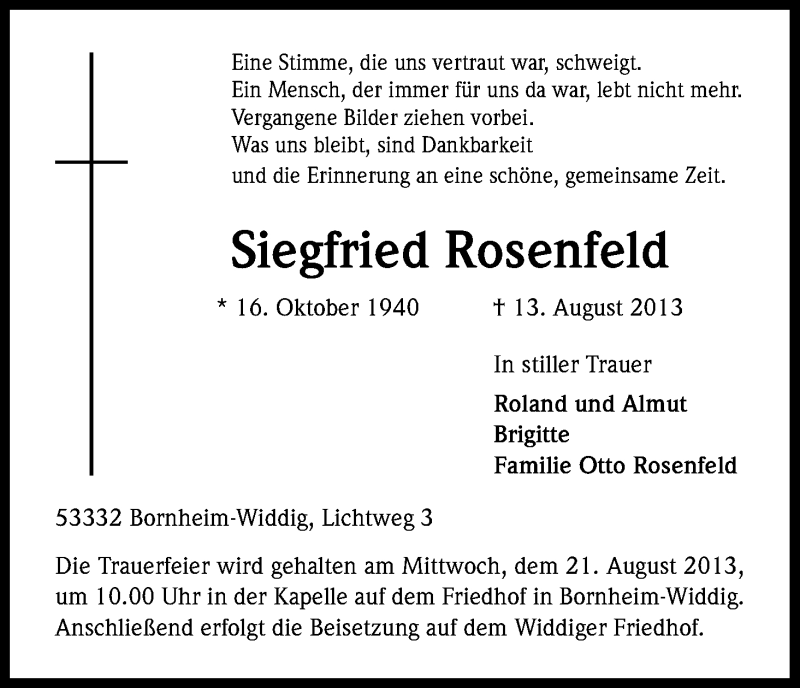  Traueranzeige für Siegfried Rosenfeld vom 16.08.2013 aus Kölner Stadt-Anzeiger / Kölnische Rundschau / Express