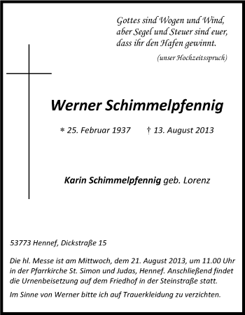 Anzeige von Werner Schimmelpfennig von Kölner Stadt-Anzeiger / Kölnische Rundschau / Express