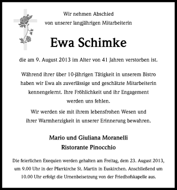 Anzeige von Ewa Schimke von Kölner Stadt-Anzeiger / Kölnische Rundschau / Express