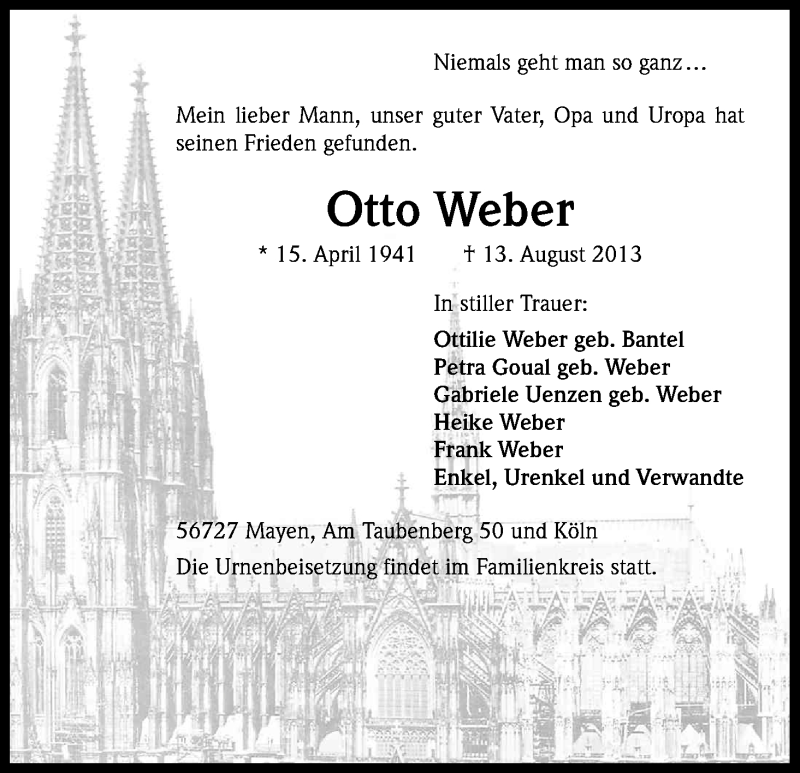  Traueranzeige für Otto Weber vom 17.08.2013 aus Kölner Stadt-Anzeiger / Kölnische Rundschau / Express