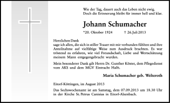 Anzeige von Johann Schumacher von Kölner Stadt-Anzeiger / Kölnische Rundschau / Express