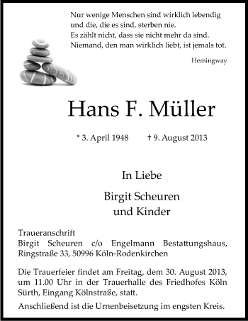 Anzeige von Hans Müller von Kölner Stadt-Anzeiger / Kölnische Rundschau / Express