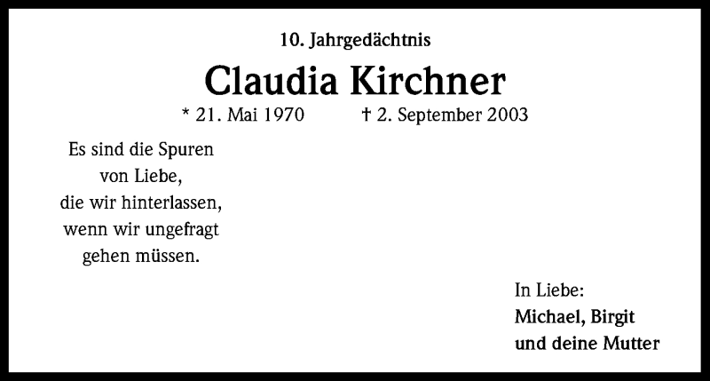  Traueranzeige für Claudia Kirchner vom 02.09.2013 aus Kölner Stadt-Anzeiger / Kölnische Rundschau / Express