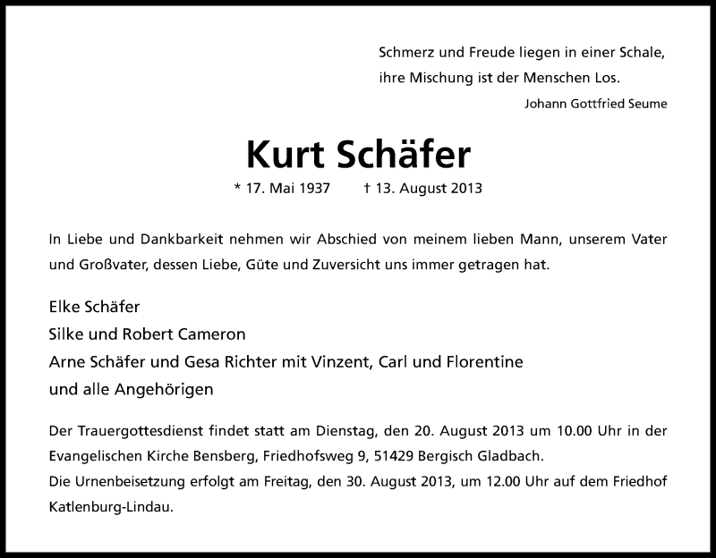  Traueranzeige für Kurt Schäfer vom 17.08.2013 aus Kölner Stadt-Anzeiger / Kölnische Rundschau / Express