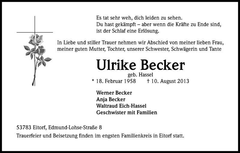  Traueranzeige für Ulrike Becker vom 17.08.2013 aus Kölner Stadt-Anzeiger / Kölnische Rundschau / Express
