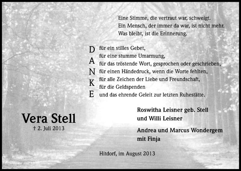  Traueranzeige für Vera Stell vom 24.08.2013 aus Kölner Stadt-Anzeiger / Kölnische Rundschau / Express