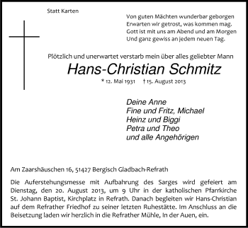 Anzeige von Hans-Christian Schmitz von Kölner Stadt-Anzeiger / Kölnische Rundschau / Express