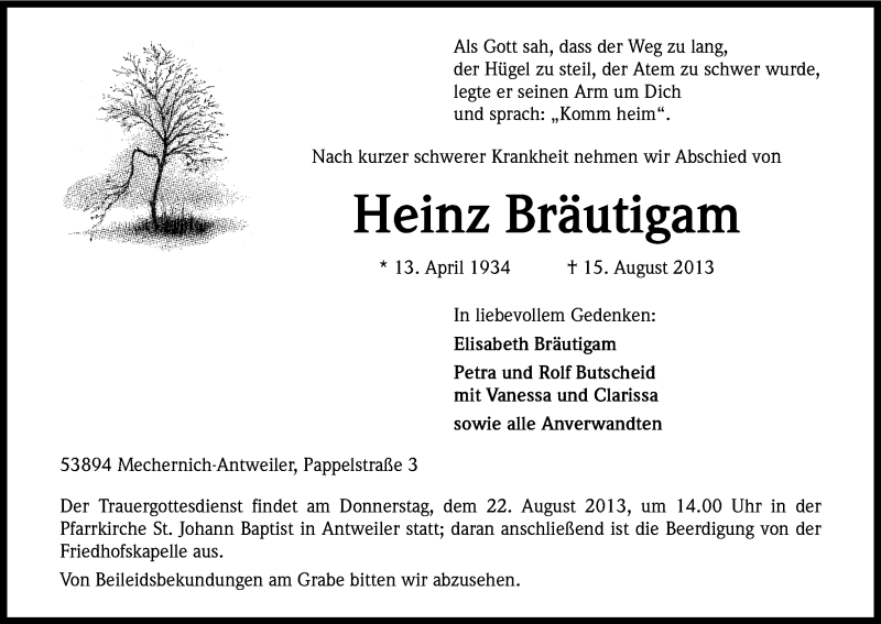  Traueranzeige für Heinz Bräutigam vom 17.08.2013 aus Kölner Stadt-Anzeiger / Kölnische Rundschau / Express