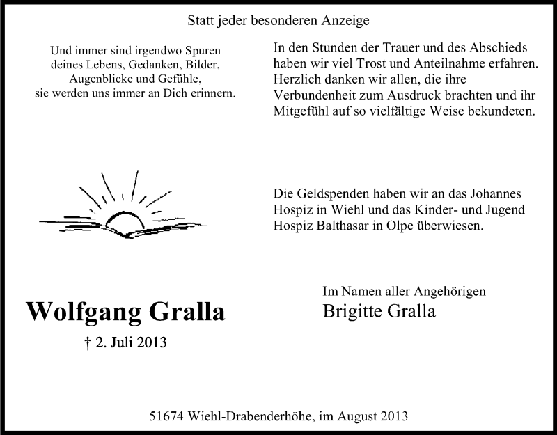  Traueranzeige für Wolfgang Gralla vom 17.08.2013 aus Kölner Stadt-Anzeiger / Kölnische Rundschau / Express