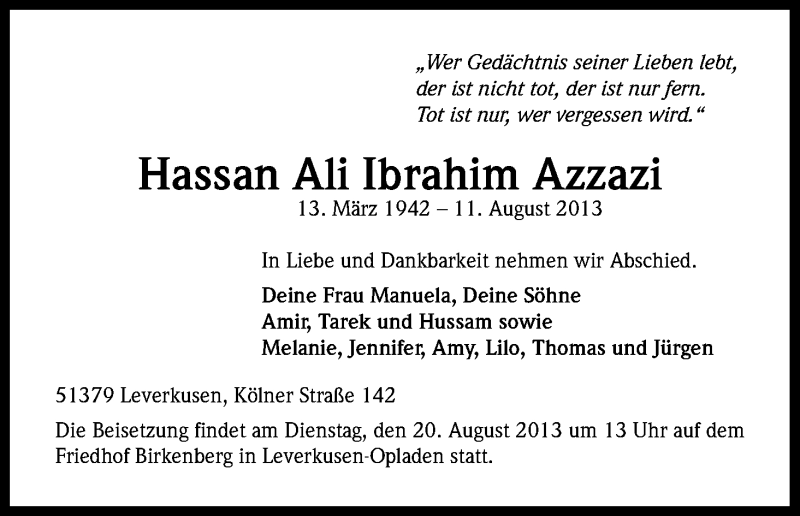  Traueranzeige für Hassan Ali Ibrahim Azzazi vom 17.08.2013 aus Kölner Stadt-Anzeiger / Kölnische Rundschau / Express