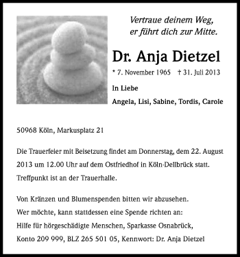 Anzeige von Anja Dietzel von Kölner Stadt-Anzeiger / Kölnische Rundschau / Express