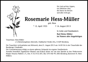 Anzeige von Rosemarie Hess-Müller von Kölner Stadt-Anzeiger / Kölnische Rundschau / Express
