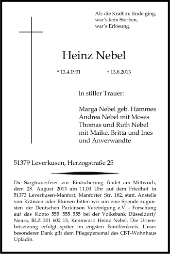 Anzeige von Heinz Nebel von Kölner Stadt-Anzeiger / Kölnische Rundschau / Express