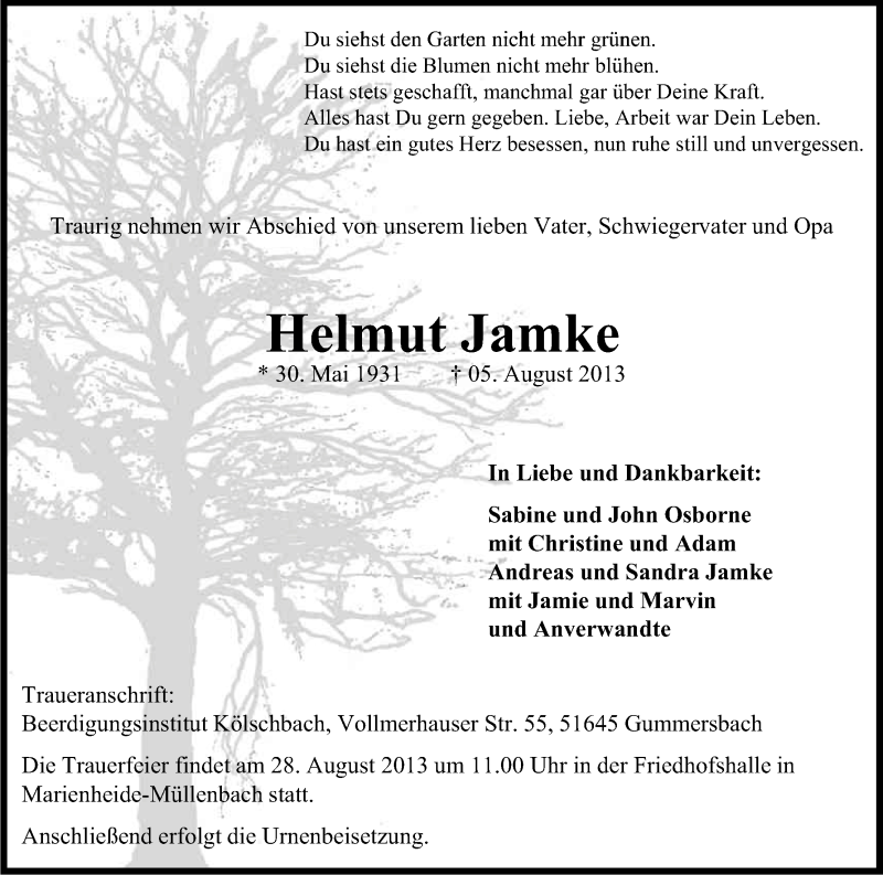  Traueranzeige für Helmut Jamke vom 21.08.2013 aus Kölner Stadt-Anzeiger / Kölnische Rundschau / Express