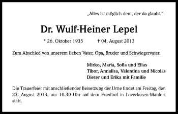 Anzeige von Wulf-Heiner Lepel von Kölner Stadt-Anzeiger / Kölnische Rundschau / Express
