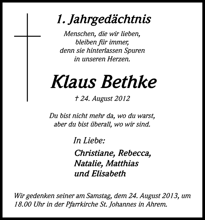  Traueranzeige für Klaus Bethke vom 21.08.2013 aus Kölner Stadt-Anzeiger / Kölnische Rundschau / Express