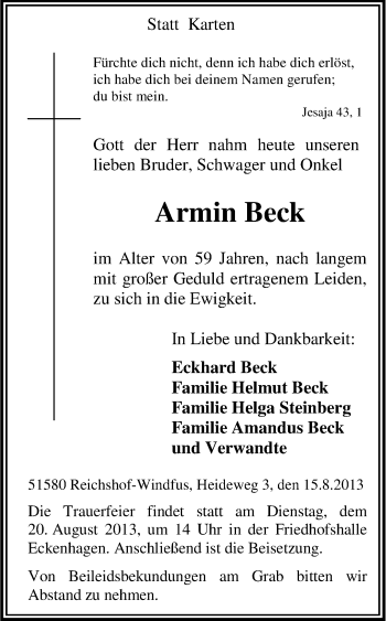 Anzeige von Armin Beck von Kölner Stadt-Anzeiger / Kölnische Rundschau / Express