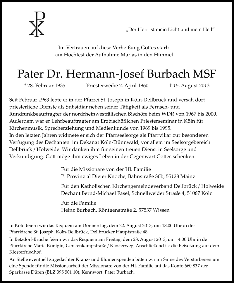  Traueranzeige für Hermann-Josef Burbach vom 17.08.2013 aus Kölner Stadt-Anzeiger / Kölnische Rundschau / Express